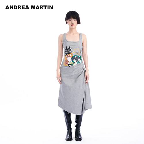 ANDREA MARTIN夏季新款印花背心连衣裙女褶皱休闲吊带长裙