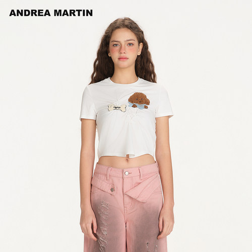 ANDREA MARTIN2026夏季新款白色立体刺绣小狗抽褶女短袖休闲T恤