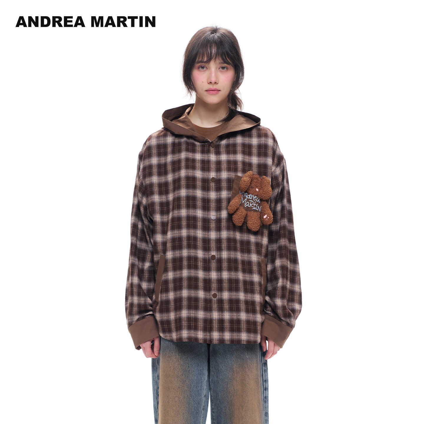 ANDREA MARTIN2026秋季新款复古棕格纹毛绒小狗宽松连帽休闲外套