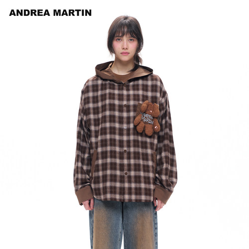 ANDREA MARTIN2026秋季新款复古棕格纹毛绒小狗宽松连帽休闲外套