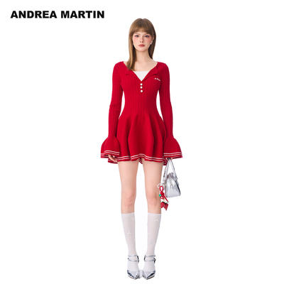 ANDREA MARTIN新款学院风假两件V领针织长袖连衣裙女修身显瘦