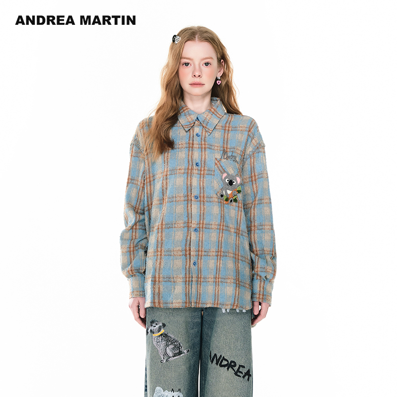 【周深 贺峻霖同款】AndreaMartin 25秋新款毛圈格子破洞钩织衬衣