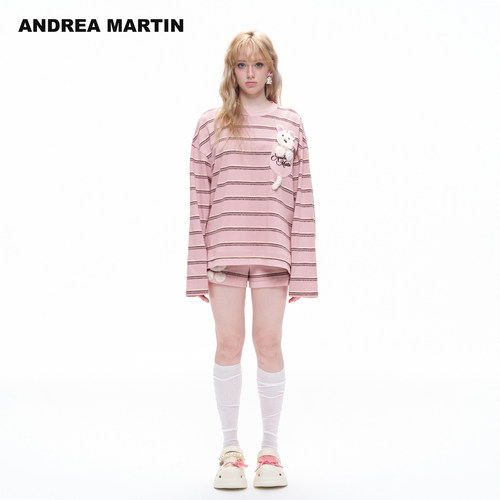 ANDREA MARTIN2026秋新款粉色条纹小狗贴布女圆领宽松休闲长袖T恤
