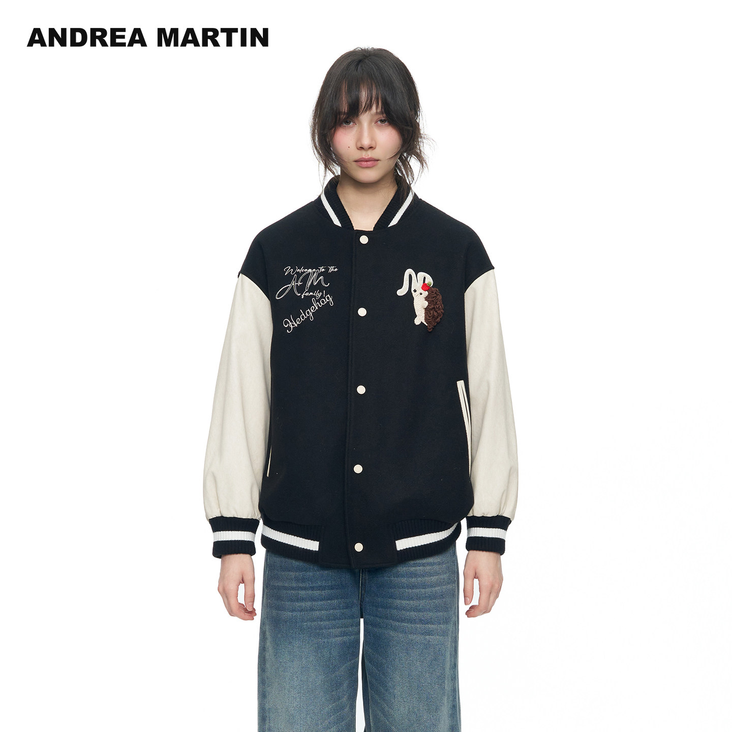 ANDREA MARTIN2026秋冬新款立体玩偶印花撞色毛呢棒球服夹克外套