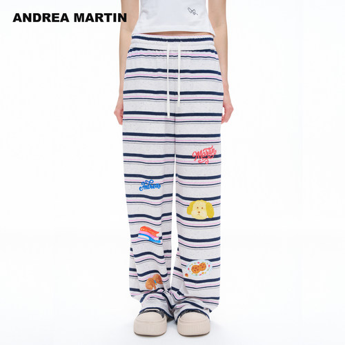 ANDREA MARTIN2026秋季新款粉蓝条纹印花松紧高腰阔腿休闲长卫裤