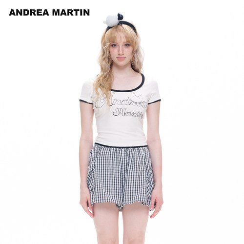 ANDREA MARTIN2026夏季新款甜酷风毛绒小熊撞色蕾丝花边女短袖T恤