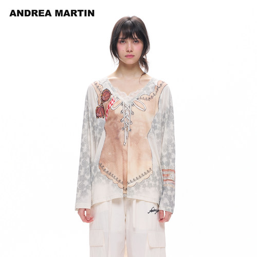ANDREA MARTIN2026秋新款复古甜酷蕾丝印花绑带女V领宽松长袖T恤