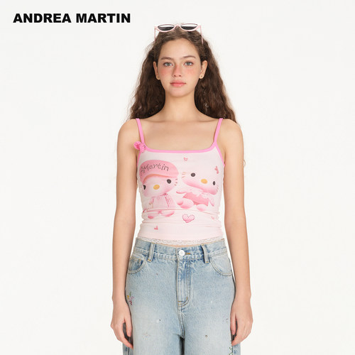 严选ANDREA MARTIN2026夏新款粉色蕾丝拼接印花烫钻女短吊带背心