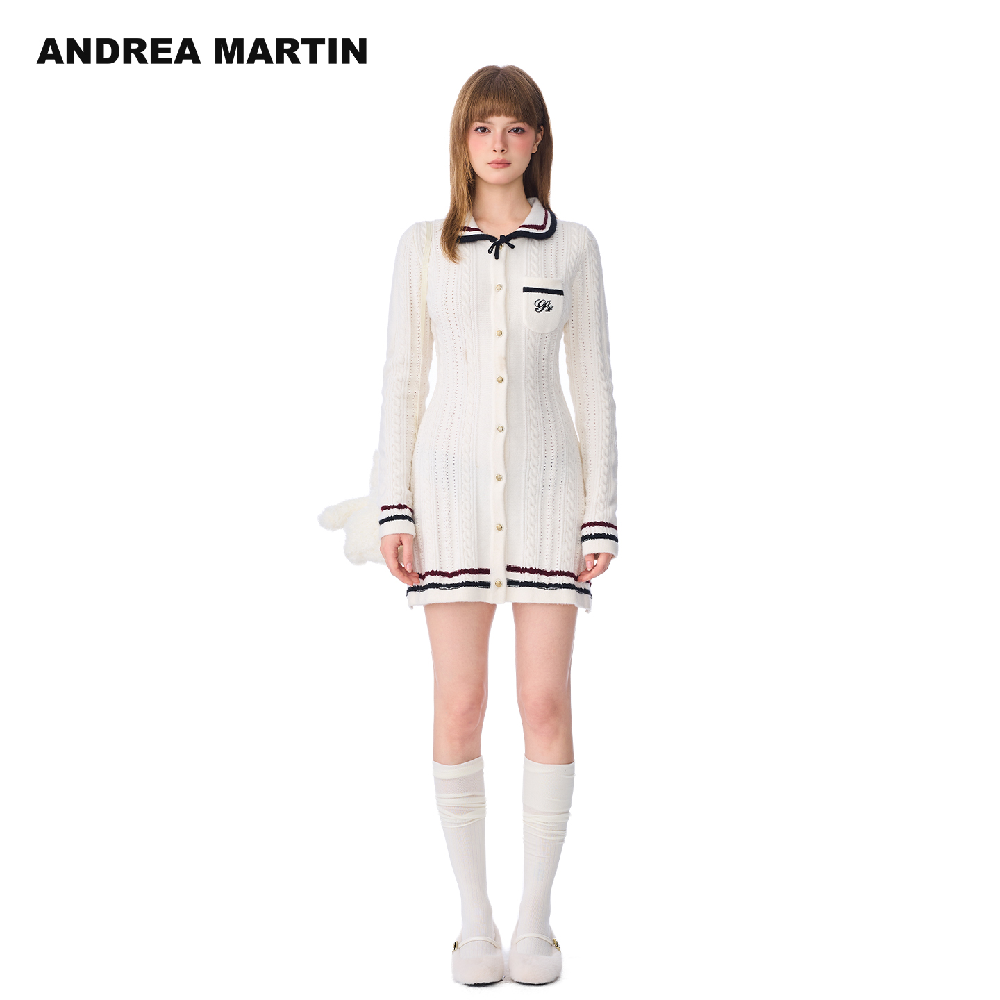 ANDREA MARTIN2025秋冬新款学院风少女娃娃领针织开衫长袖连衣裙