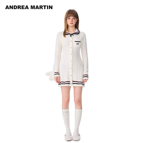 ANDREA MARTIN秋冬新款学院风少女娃娃领针织开衫长袖连衣裙