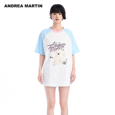 ANDREA MARTIN夏季新款蓝白撞色插肩袖小熊T恤女圆领印花上衣