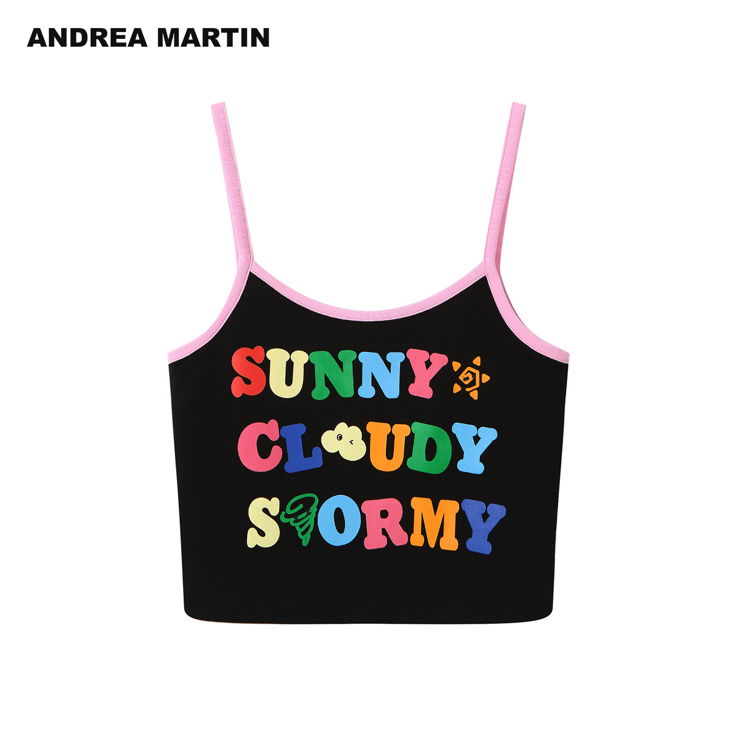 ANDREA MARTIN2026夏季新品黑色趣味彩虹字母胶印女短款吊带背心