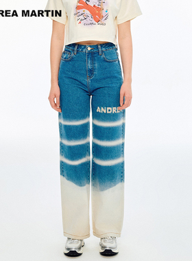 ANDREA MARTIN秋季新款蓝色牛仔裤女渐变撞色宽松直筒长裤