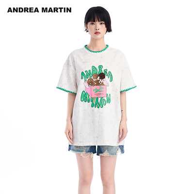 ANDREA MARTIN夏季新款短袖T恤女圆领印花刺绣宽松撞色上衣