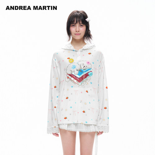 ANDREA MARTIN2026秋季新款睡梦小狗蕾丝碎花连帽宽松休闲长袖T恤