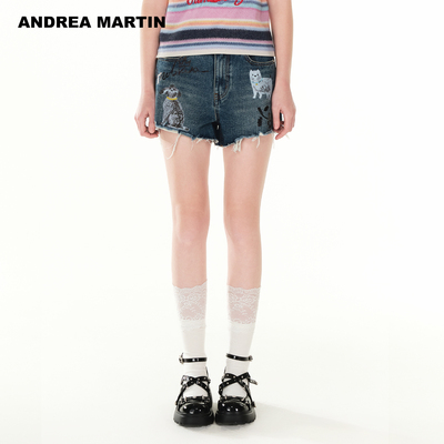 Andrea Martin夏季新款时尚牛仔短裤女宽松直筒裤毛边印花裤子