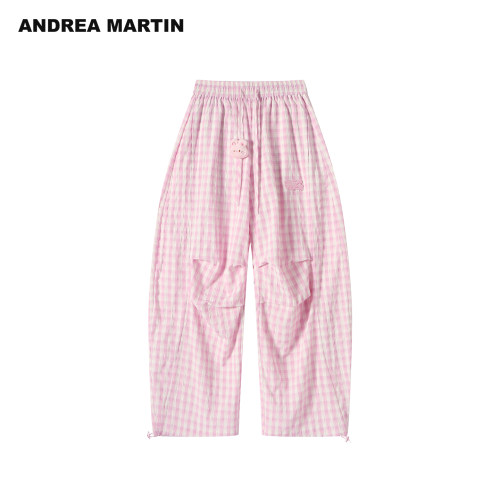 ANDREA MARTIN2026夏季新款格纹立体绒球高腰宽松阔腿休闲弯刀裤