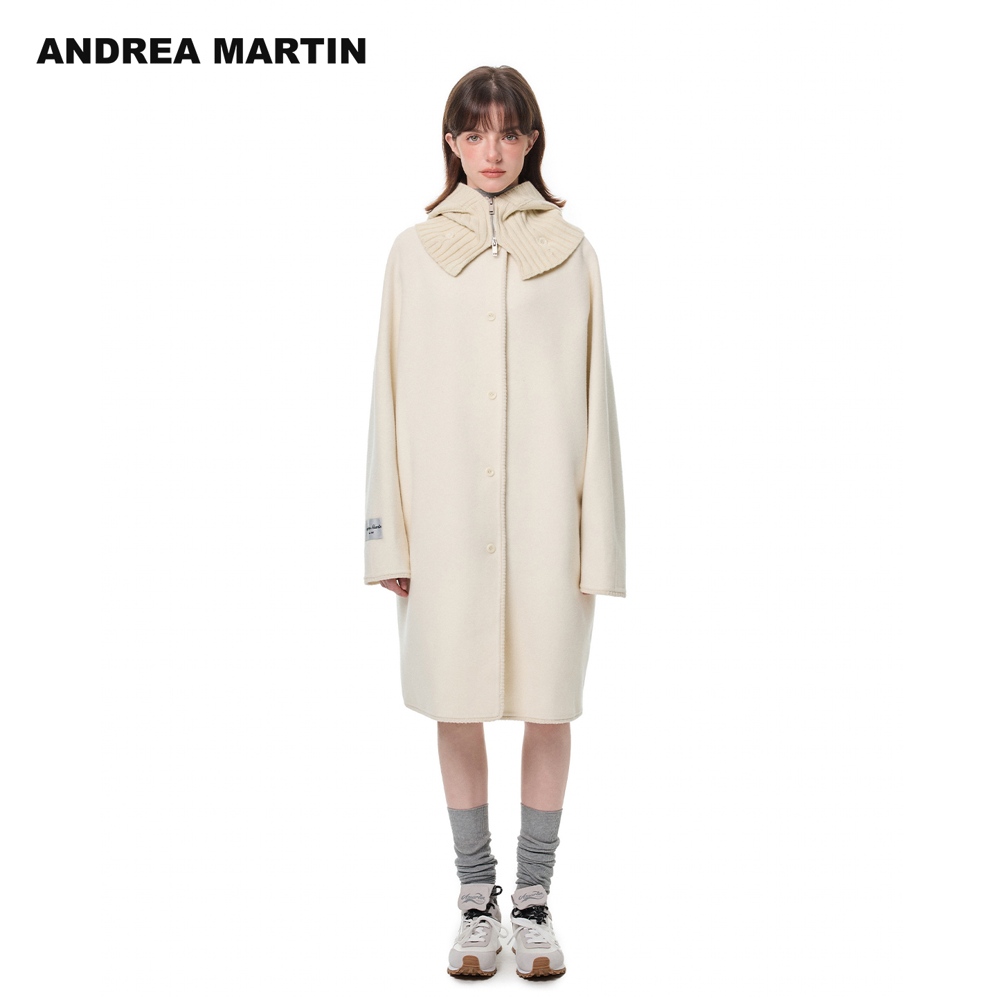 ANDREA MARTIN2025冬新款简约风脱卸针织领毛呢大衣女长宽松外套