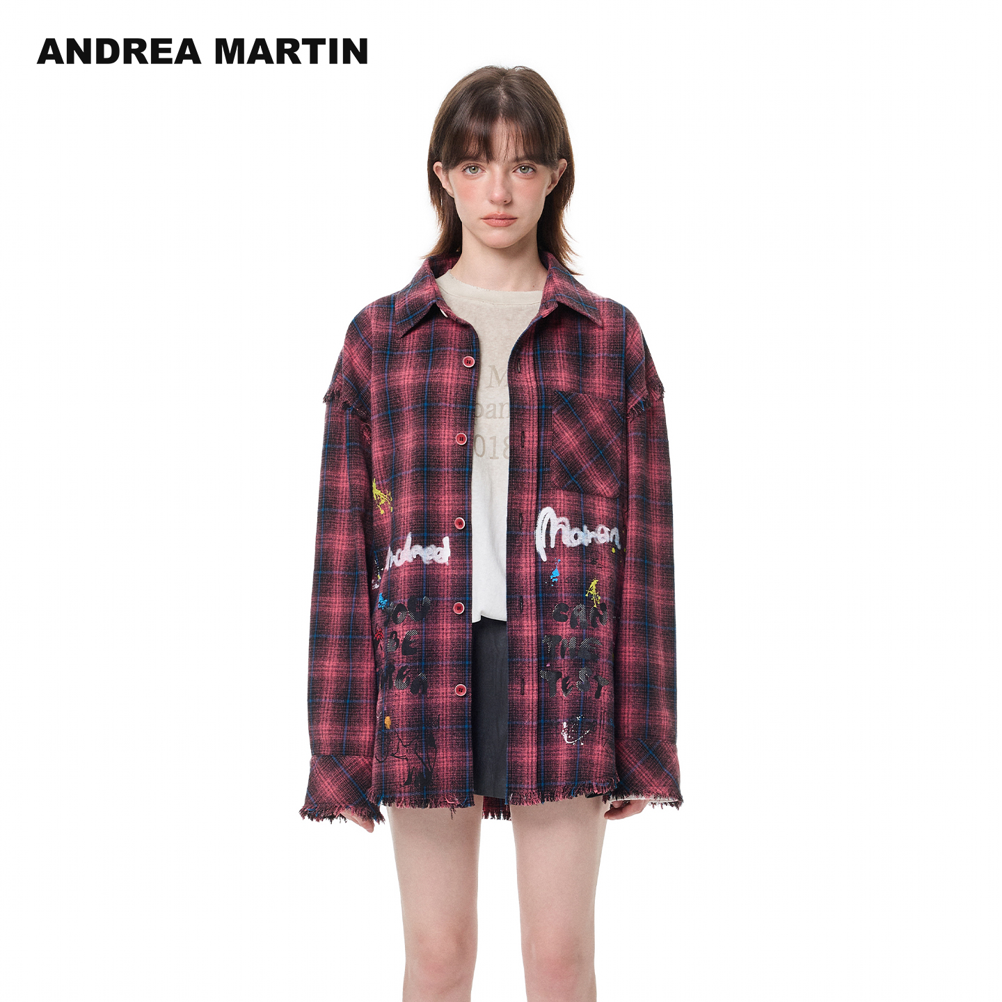ANDREA MARTIN2025秋冬新品涂鸦印花毛边格子衬衫宽松男女同款