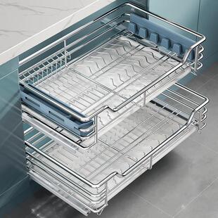 酷太拉篮厨房整体橱柜抽屉式304不锈钢碗碟碗盘柜双层?具车碗架调