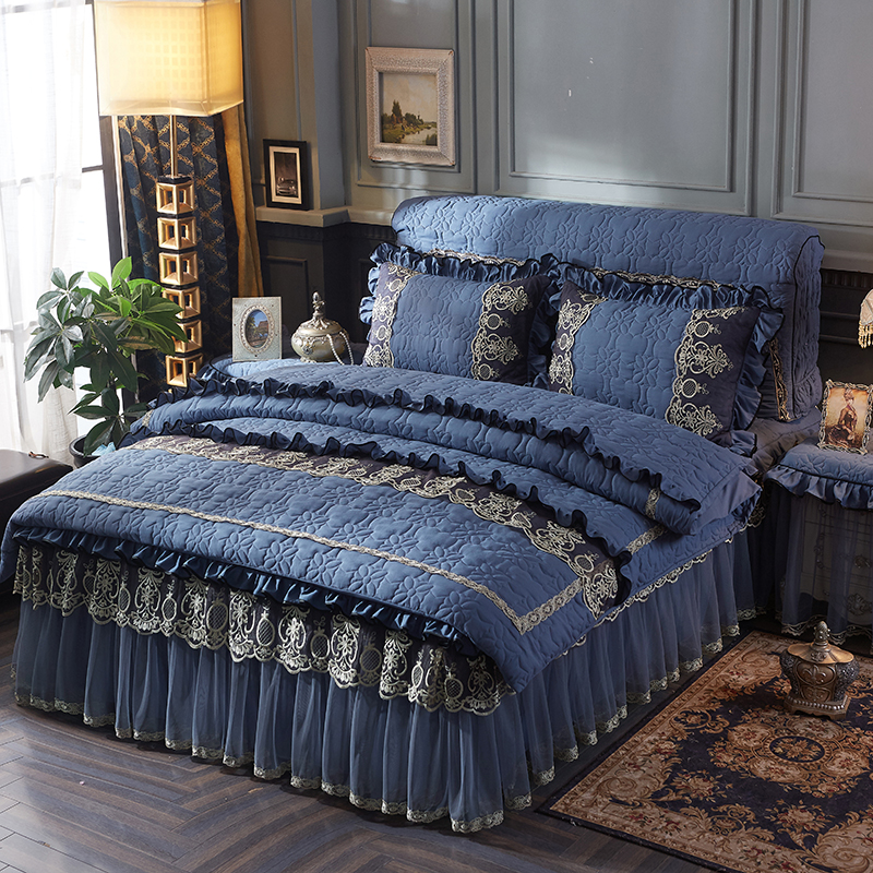 欧式加厚水洗棉夹棉床罩四件套1.8m韩式蕾丝床裙纯色4件套深色2.2