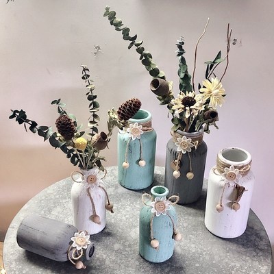 小清新法式乡村做旧玻璃可装水花瓶花插艺术干花组合花器桌面花艺