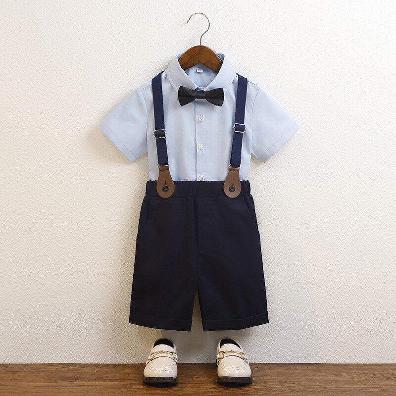 热销儿童表演服装幼儿园男生毕业典礼礼I服套装男童白背带裤演出