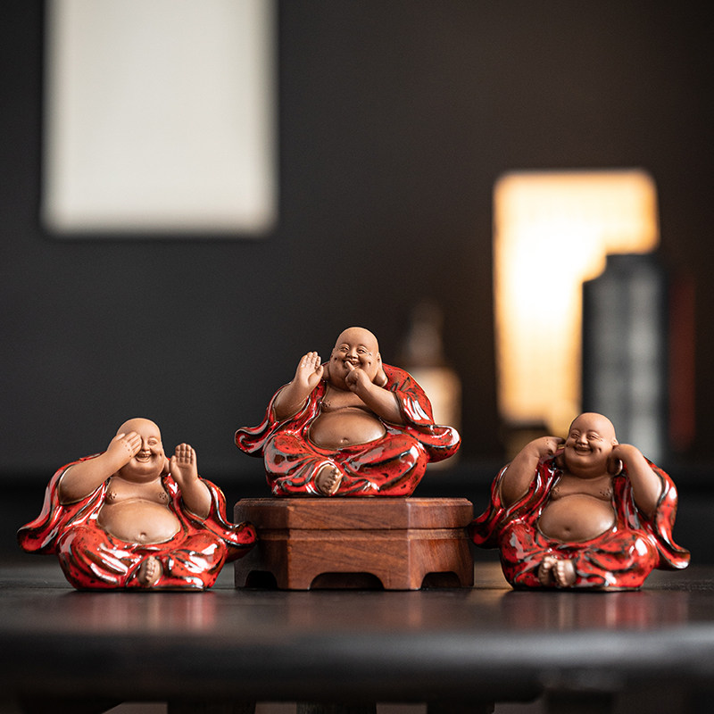 热销陶瓷三不弥勒佛茶宠摆件招财大肚笑佛禅意R茶道配件可养茶桌
