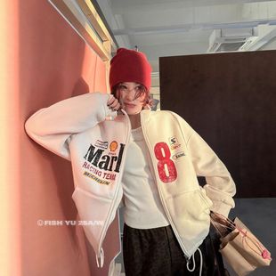 新款 正品 十三行冬季 复古做旧龟裂印花卫衣外套女25766 FISH