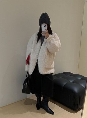 【木兰】现货！冬上新简约短款毛绒外套女保暖皮毛上衣女58609