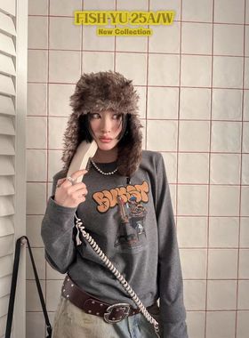 十三行【FISHYU】现货 冬季新款绘画BOY字母印花加绒长袖t625723