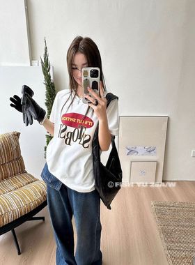 现货【FISH YU】冬季新款美式复古撞色字母印花小版短袖t恤25688