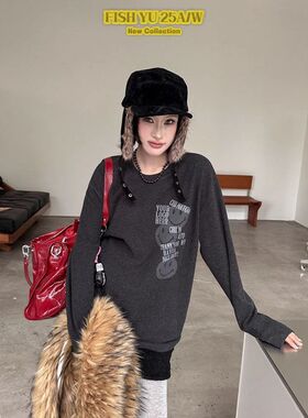 十三行【FISHYU】冬季新款复古字母笑脸印花加绒长袖t恤女625731