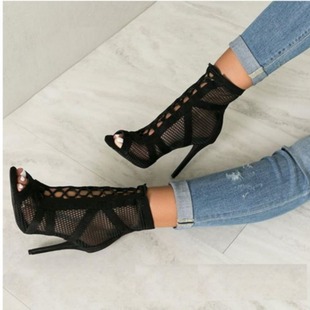web heeled Sexy the sandals 时尚 high 黑色网面性感高跟凉鞋