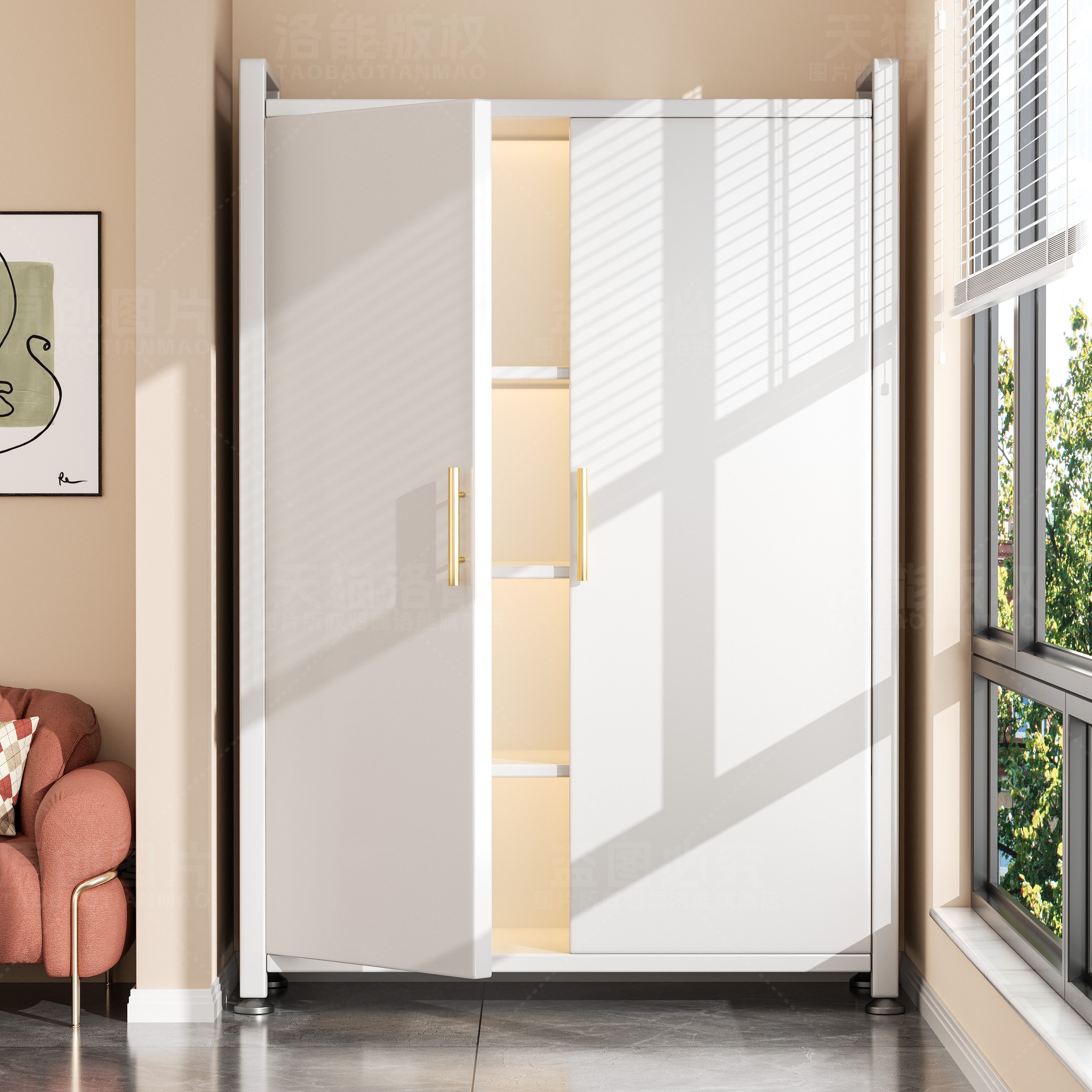 阳台侧边储物柜一体靠墙钢制收纳柜防水防晒铁皮柜多层杂物置物架,收纳整理,收纳柜,淘宝优惠券,粉丝福利购,淘宝优惠卷