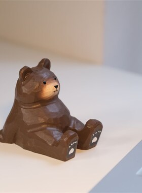 不土躺平的胖熊手机架小木雕桌面摆件创意情侣生日礼物送人