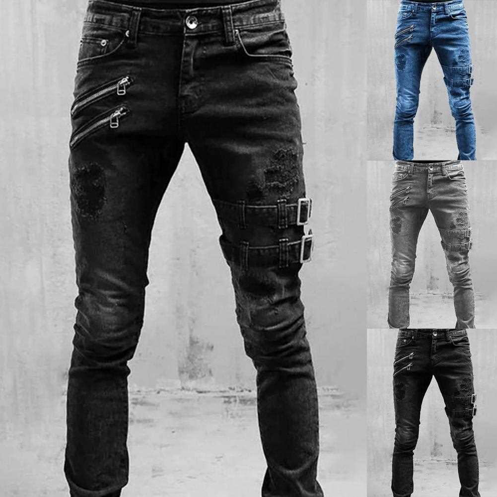 新品Plus Size Men Jeans Skinny Side Straps and Zips 3 Colors