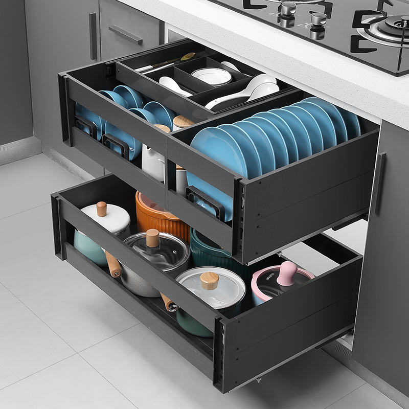 拉篮厨房橱柜碗篮三层抽屉式太空铝抽中抽碗架缓冲碗碟篮收纳置物