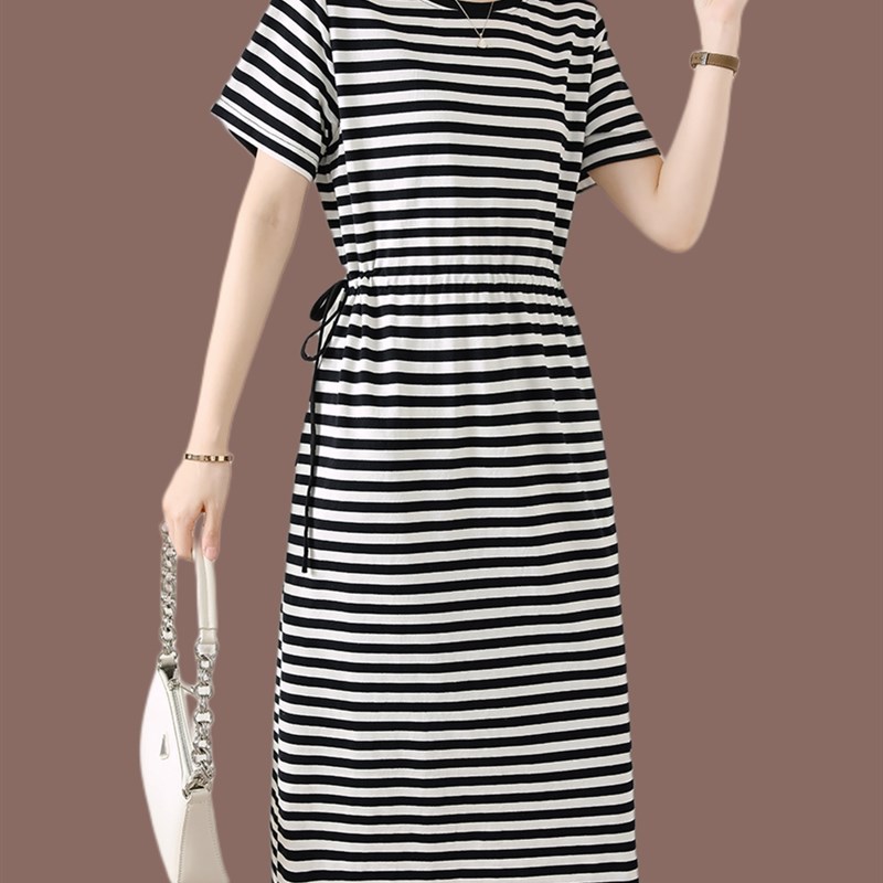 夏季纯棉绸条纹连衣裙女宽松短袖t恤中年妈妈装长款过膝系带裙子