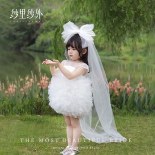 新品儿童蝴蝶结头纱蓬蓬纱拍照道具长款拖地宝宝周岁写真女童亲子