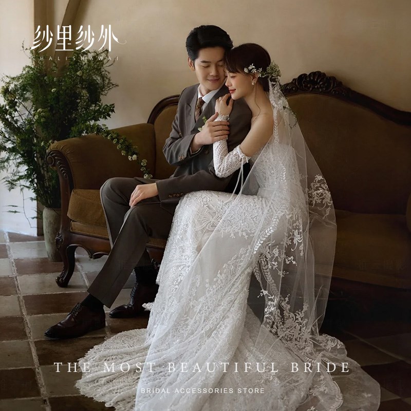 新品余爱同款麦穗头纱高定超仙复古蕾丝长款结婚头饰婚纱摄影拍照