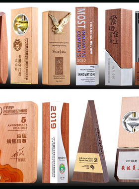 新品木质水晶奖杯奖牌定制抗疫情护实木奖杯慈善奖杯志愿者纪念