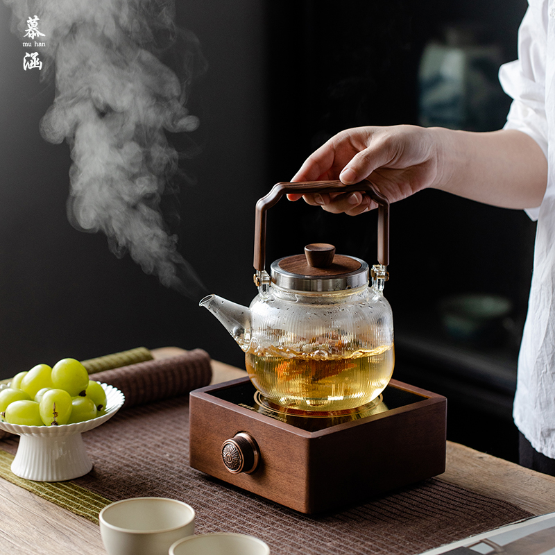 胡桃木煮茶器小型电陶炉玻璃烧水壶围炉煮茶家用大容量蒸煮泡茶壶