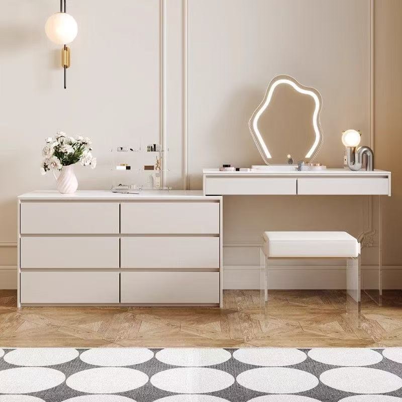 奶油风实木梳妆台收纳柜一体现代简约卧室储物斗柜化妆桌极简