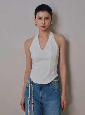 ROSYROKH新款白色V领挂脖露背套头无袖上衣吊带黑色大胸显小背心