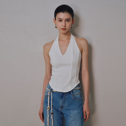 纯色V领挂脖无袖吊带胸显小背心