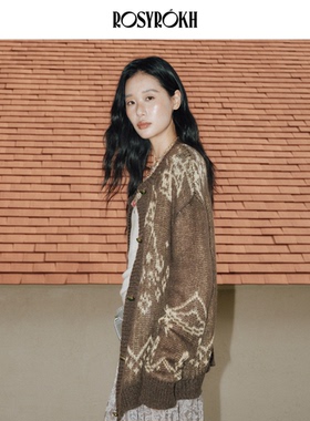 ROSYROKH原创设计25AW复古提花针织开衫女长袖宽松保暖毛衣外套