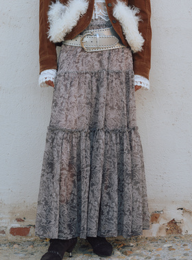 ROSYROKH原创设计25AW蕾丝印花拼接系带蝴蝶结折叠长半身裙女裙子