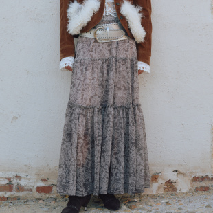 ROSYROKH原创设计25AW蕾丝印花拼接系带蝴蝶结折叠长半身裙女裙子