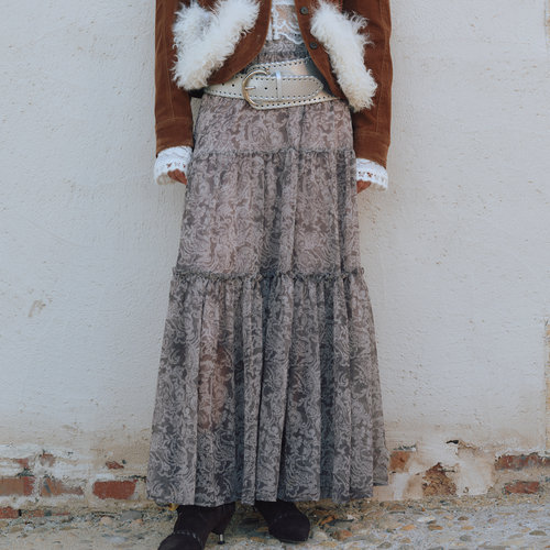 蕾丝拼接系带蝴蝶结长半身裙子